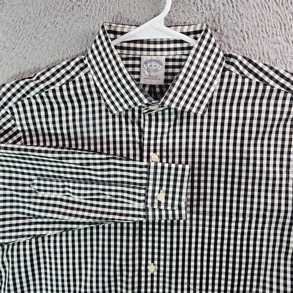 Brooks Brothers 1818 Shirt Men 16 33 Extra Slim Fit Button Up Black‎ White Plaid